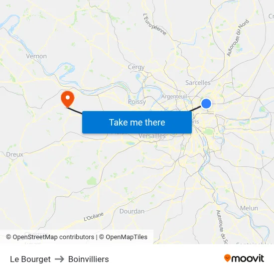 Le Bourget to Boinvilliers map