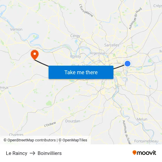Le Raincy to Boinvilliers map