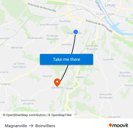 Magnanville to Boinvilliers map
