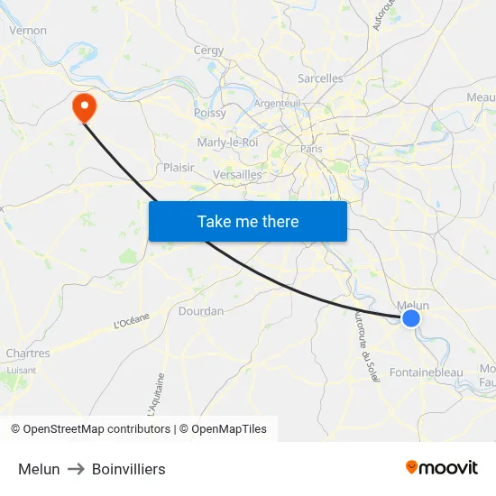 Melun to Boinvilliers map