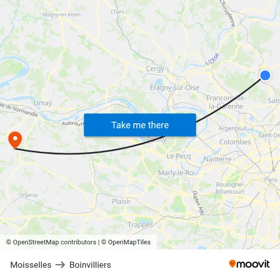 Moisselles to Boinvilliers map