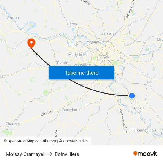 Moissy-Cramayel to Boinvilliers map