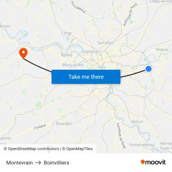Montevrain to Boinvilliers map