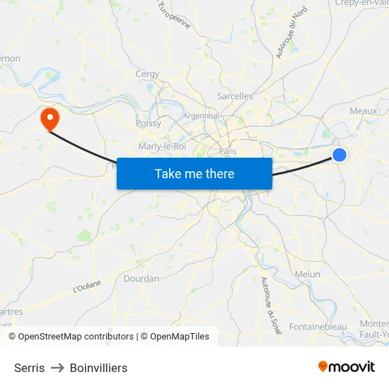 Serris to Boinvilliers map