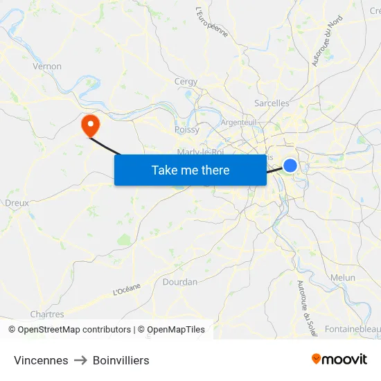 Vincennes to Boinvilliers map