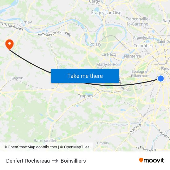Denfert-Rochereau to Boinvilliers map