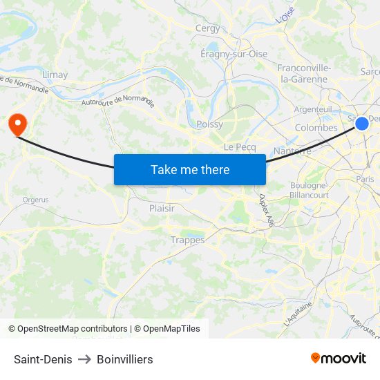Saint-Denis to Boinvilliers map