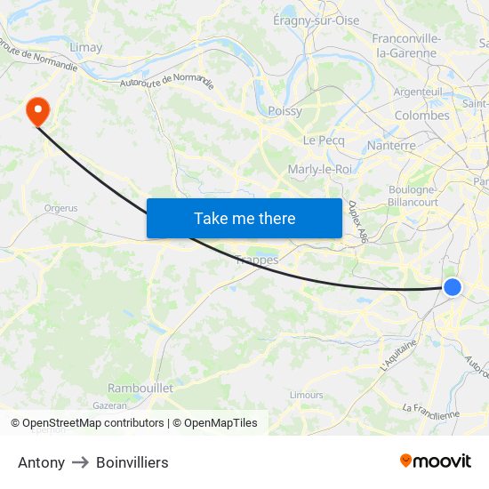 Antony to Boinvilliers map