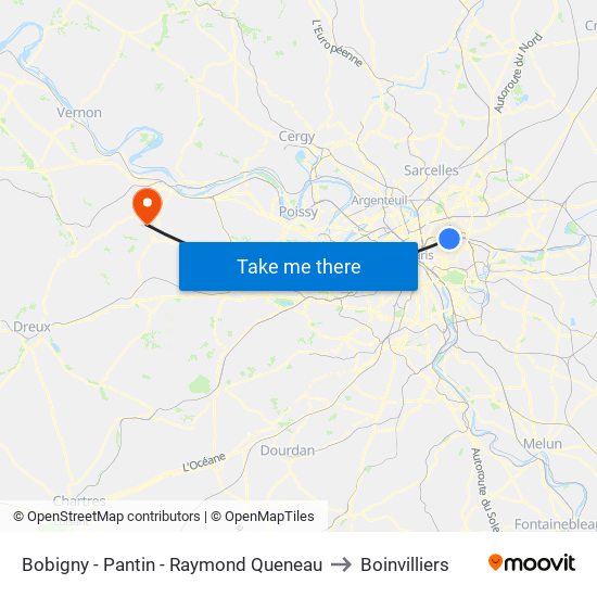 Bobigny - Pantin - Raymond Queneau to Boinvilliers map
