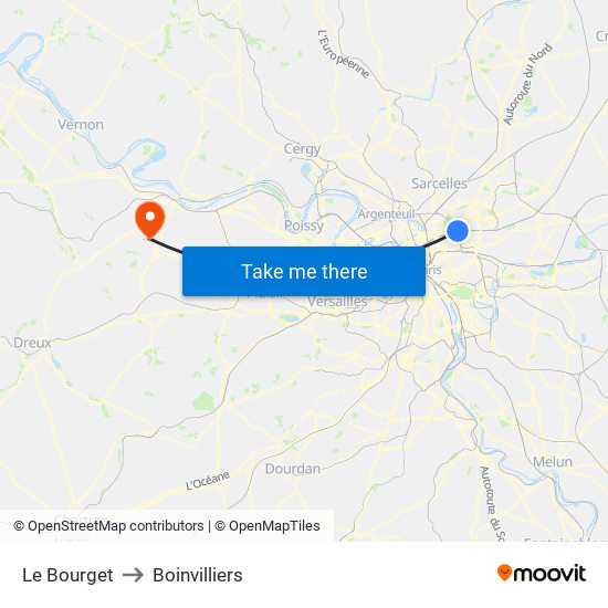 Le Bourget to Boinvilliers map