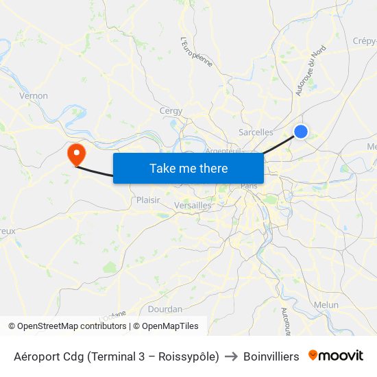 Aéroport Cdg (Terminal 3 – Roissypôle) to Boinvilliers map