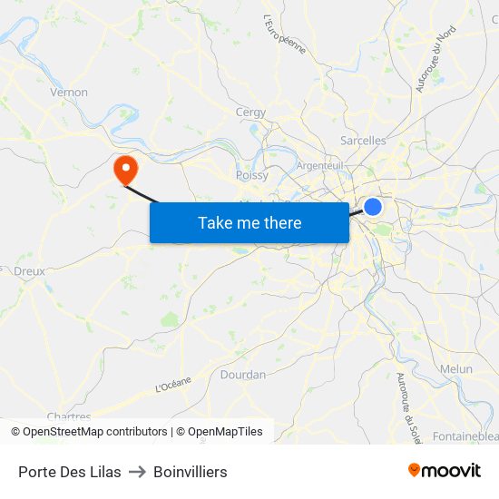 Porte Des Lilas to Boinvilliers map