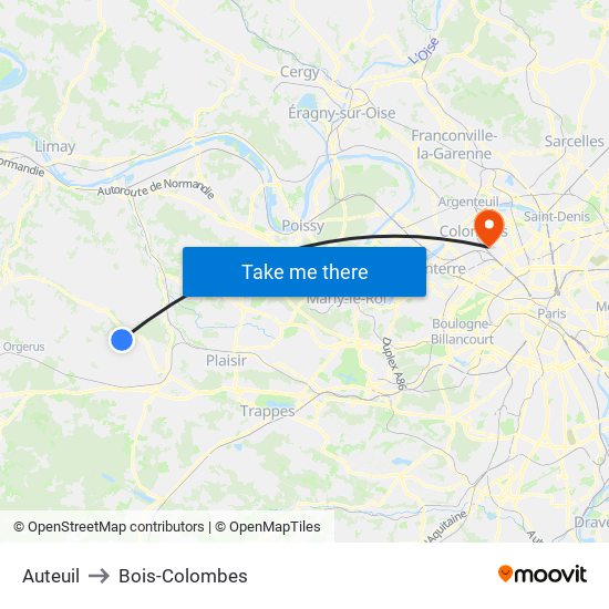 Auteuil to Bois-Colombes map