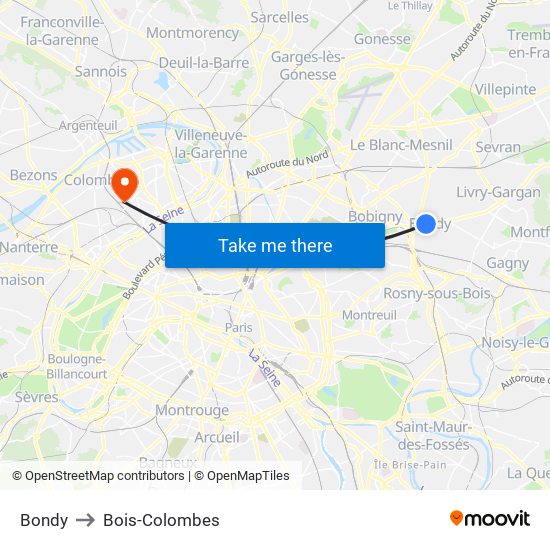 Bondy to Bois-Colombes map