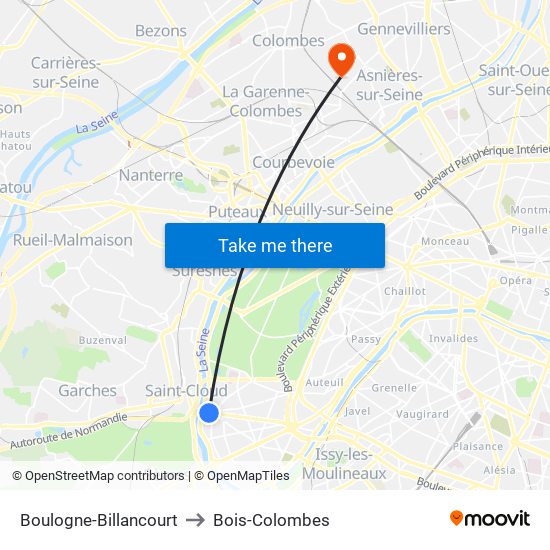 Boulogne-Billancourt to Bois-Colombes map