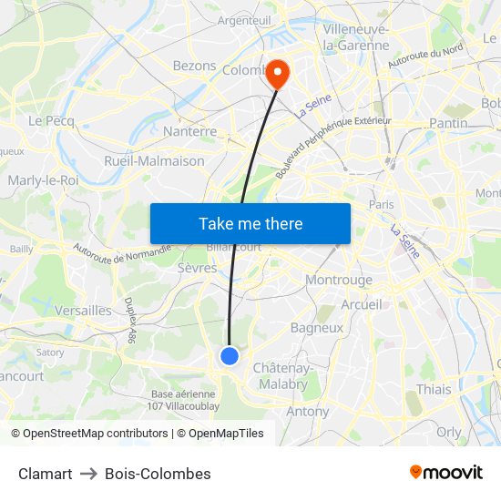 Clamart to Bois-Colombes map