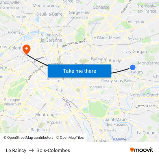 Le Raincy to Bois-Colombes map