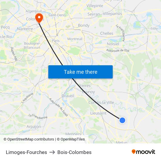 Limoges-Fourches to Bois-Colombes map
