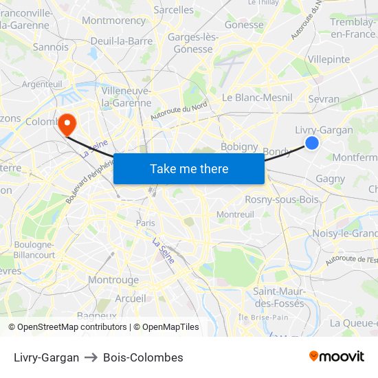 Livry-Gargan to Bois-Colombes map