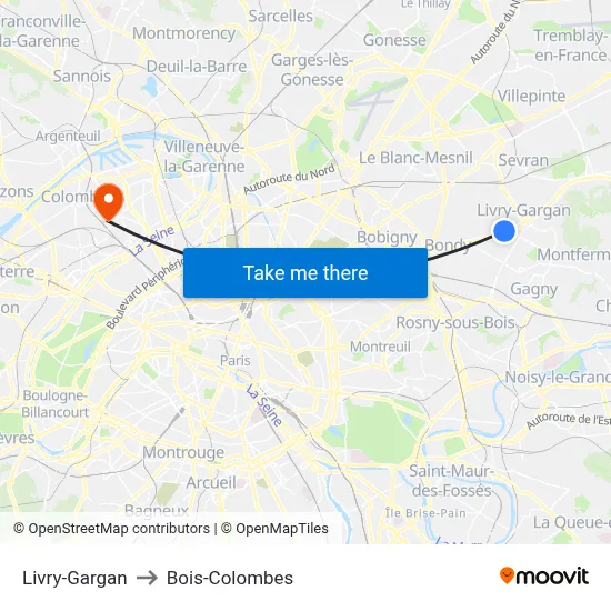 Livry-Gargan to Bois-Colombes map