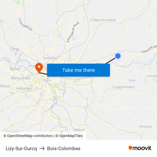Lizy-Sur-Ourcq to Bois-Colombes map