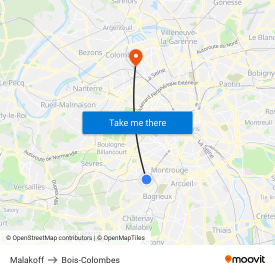Malakoff to Bois-Colombes map