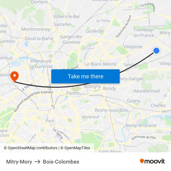 Mitry-Mory to Bois-Colombes map