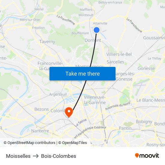 Moisselles to Bois-Colombes map