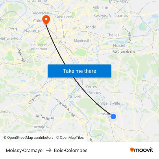 Moissy-Cramayel to Bois-Colombes map