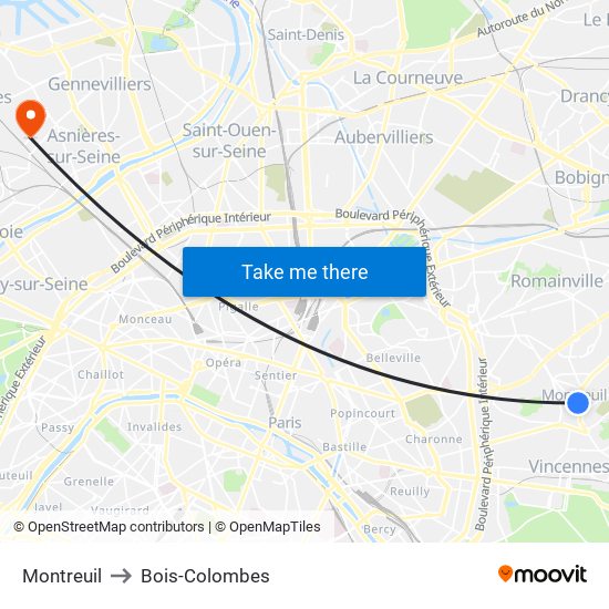 Montreuil to Bois-Colombes map