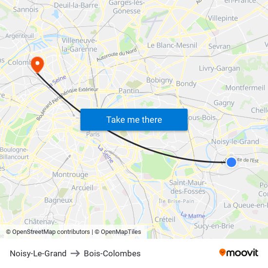 Noisy-Le-Grand to Bois-Colombes map