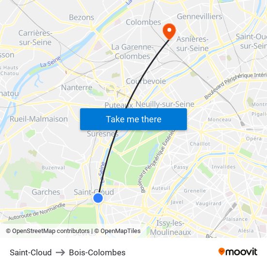 Saint-Cloud to Bois-Colombes map