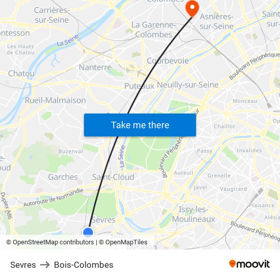 Sevres to Bois-Colombes map