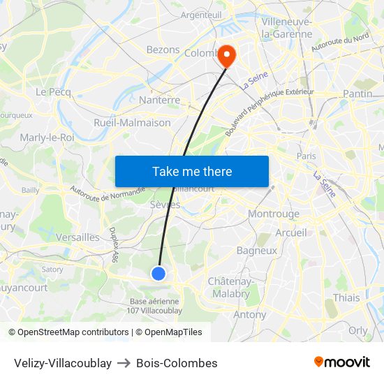 Velizy-Villacoublay to Bois-Colombes map