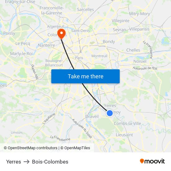 Yerres to Bois-Colombes map