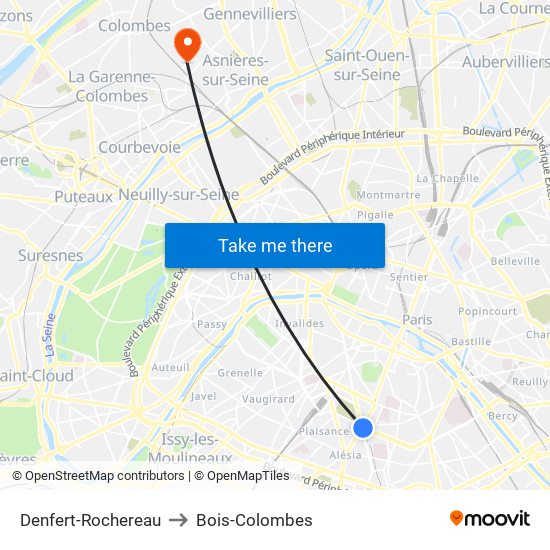 Denfert-Rochereau to Bois-Colombes map