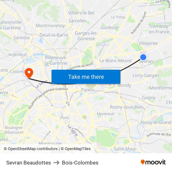 Sevran Beaudottes to Bois-Colombes map