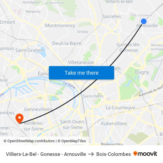 Villiers-Le-Bel - Gonesse - Arnouville to Bois-Colombes map