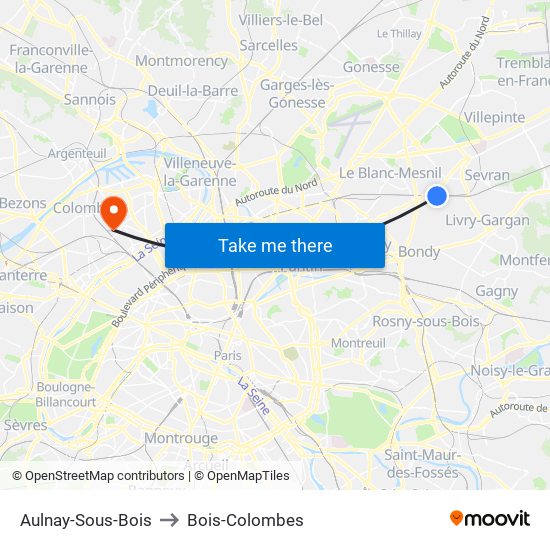 Aulnay-Sous-Bois to Bois-Colombes map