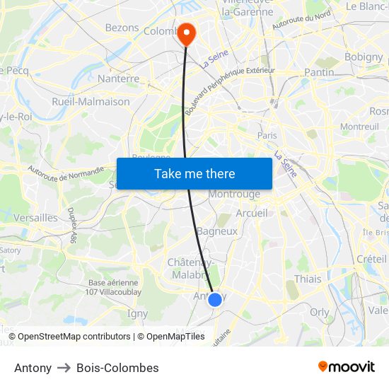 Antony to Bois-Colombes map