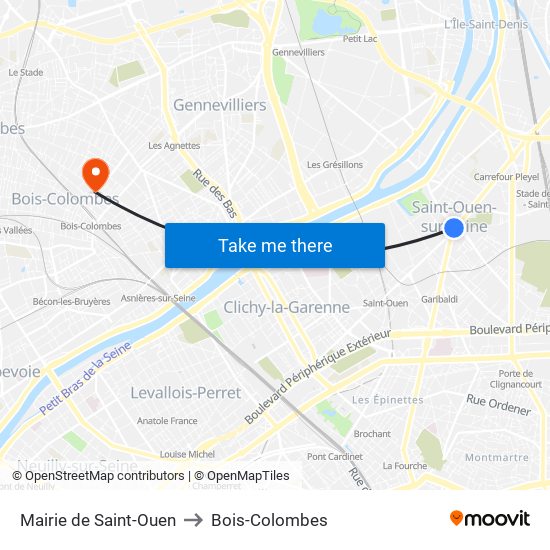 Mairie de Saint-Ouen to Bois-Colombes map