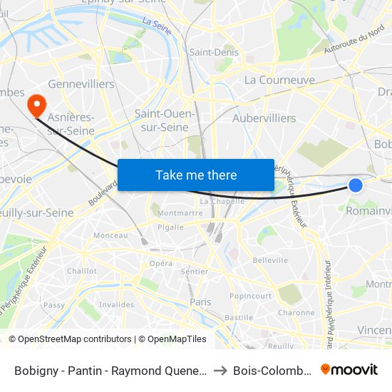 Bobigny - Pantin - Raymond Queneau to Bois-Colombes map