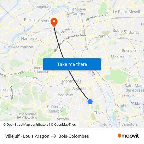 Villejuif - Louis Aragon to Bois-Colombes map
