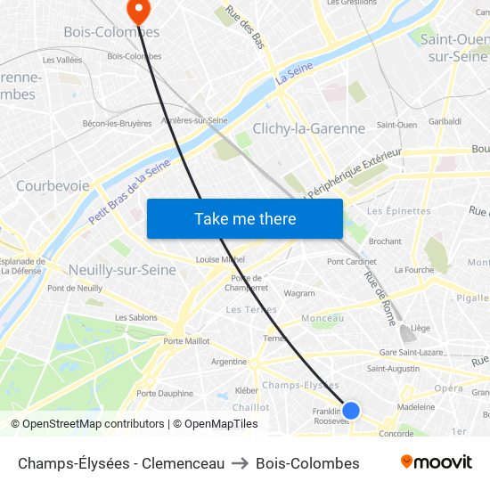 Champs-Élysées - Clemenceau to Bois-Colombes map