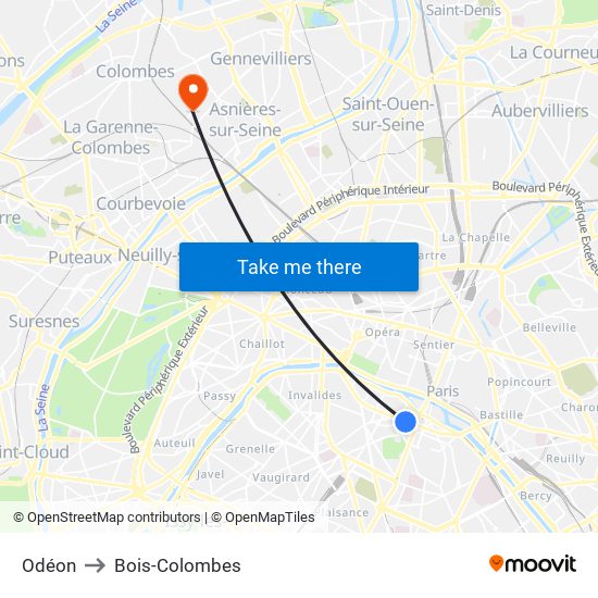 Odéon to Bois-Colombes map