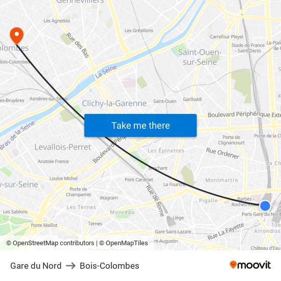 Gare du Nord to Bois-Colombes map