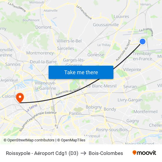Roissypole - Aéroport Cdg1 (D3) to Bois-Colombes map