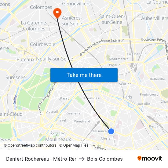 Denfert-Rochereau - Métro-Rer to Bois-Colombes map