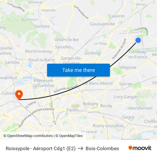 Roissypole - Aéroport Cdg1 (E2) to Bois-Colombes map