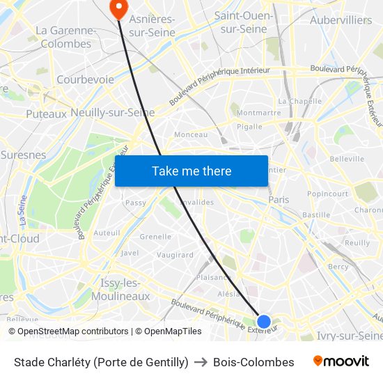 Stade Charléty (Porte de Gentilly) to Bois-Colombes map